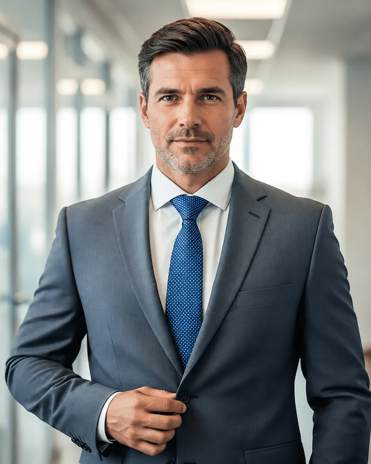 Empresário de terno em um escritório corporativo.