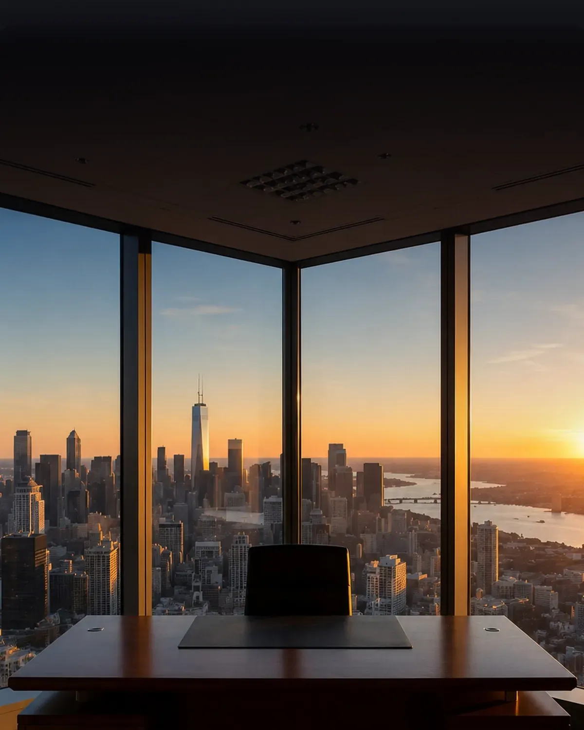 Sala executiva no alto de um prédio, com a cidade ao entardecer pela janela.